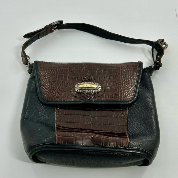 BRIGHTON Shoulder Bag 90s Y2K Leather Black Peb Brown Croc Emboss Single Strap - Picture 5 of 8